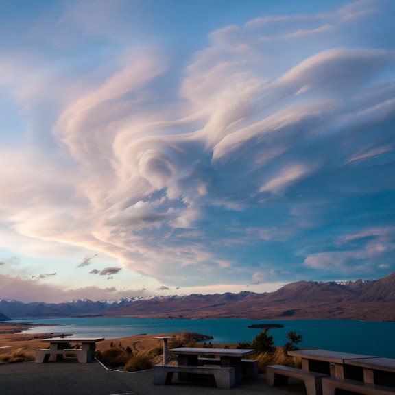 Sculpted clouds above lake Tekapo as viewed from the astro cafe